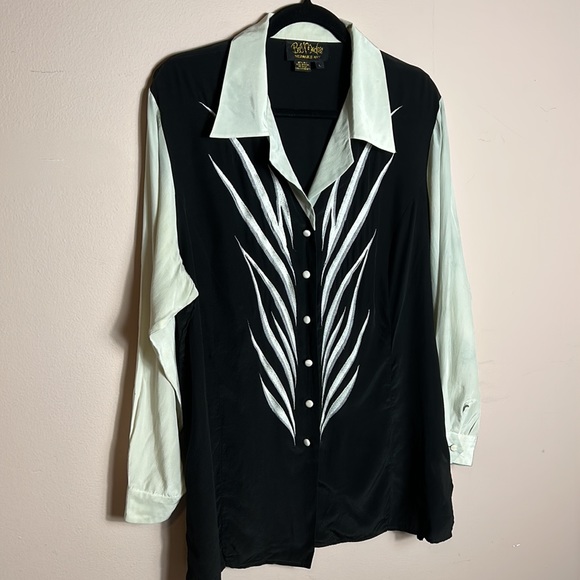 VINTAGE BOB MACKIE SILK WEARABLE ART BLOUSE sage green size M - Picture 2 of 11